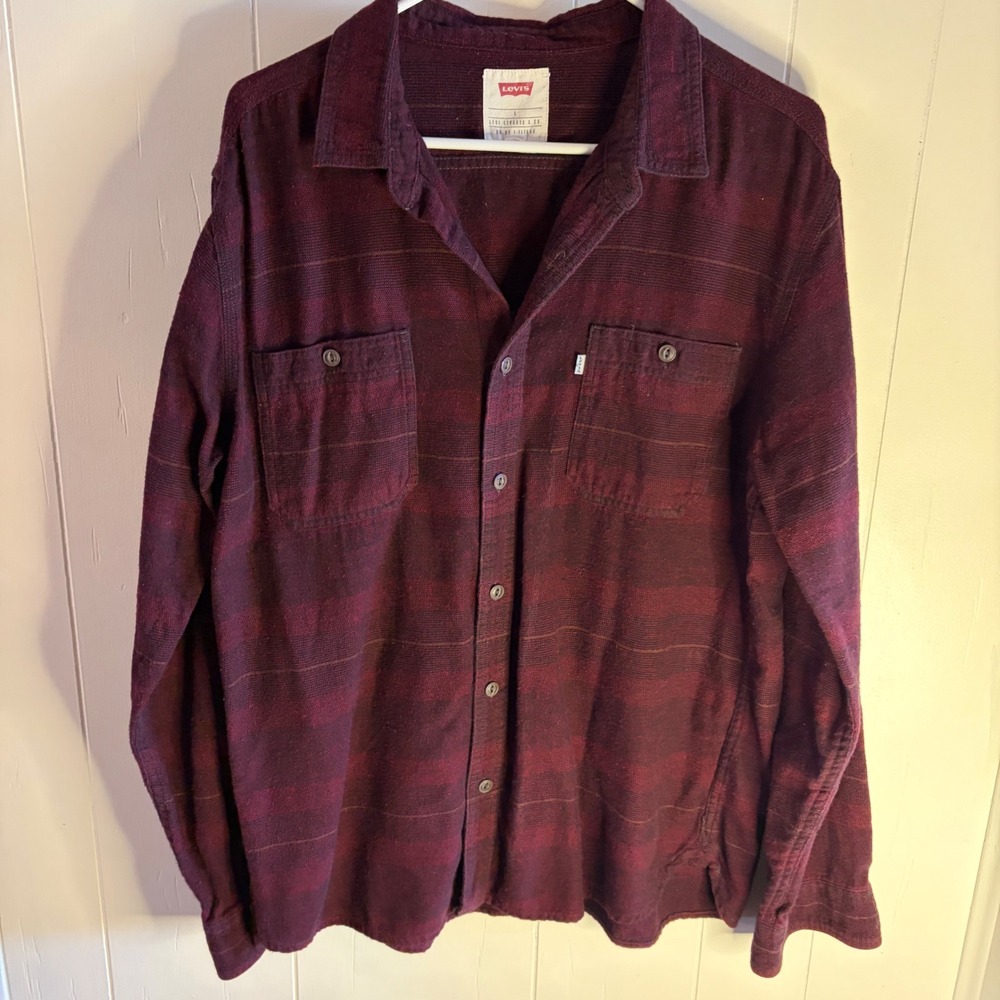 Levis Mens Flannel Button Down Shirt Cotton Striped Burgundy Large